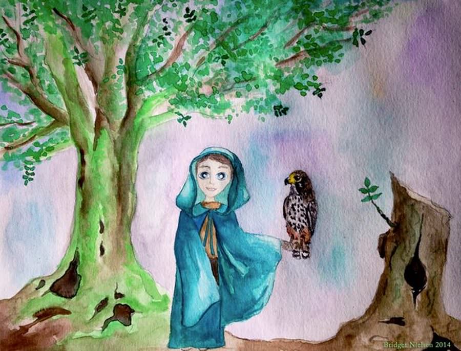 boy with hawk on his shoulder under a tree